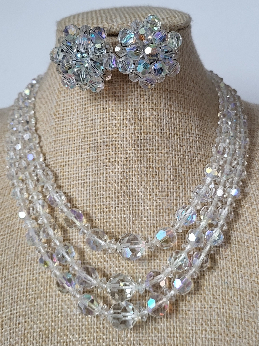 Vintage Estate Aurora Crystal Multi-Strand Necklace and Clip Earrings - Clear